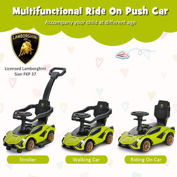 Infans 3 In 1 Ride On Push Car, Licensed Lamborghini Baby Stroller Sliding Walking Car With Push Handle, Music, Usb, Headlight, Under Seat Storage, Kids Foot-To-Floor Toy For 18-60 Months (Green)