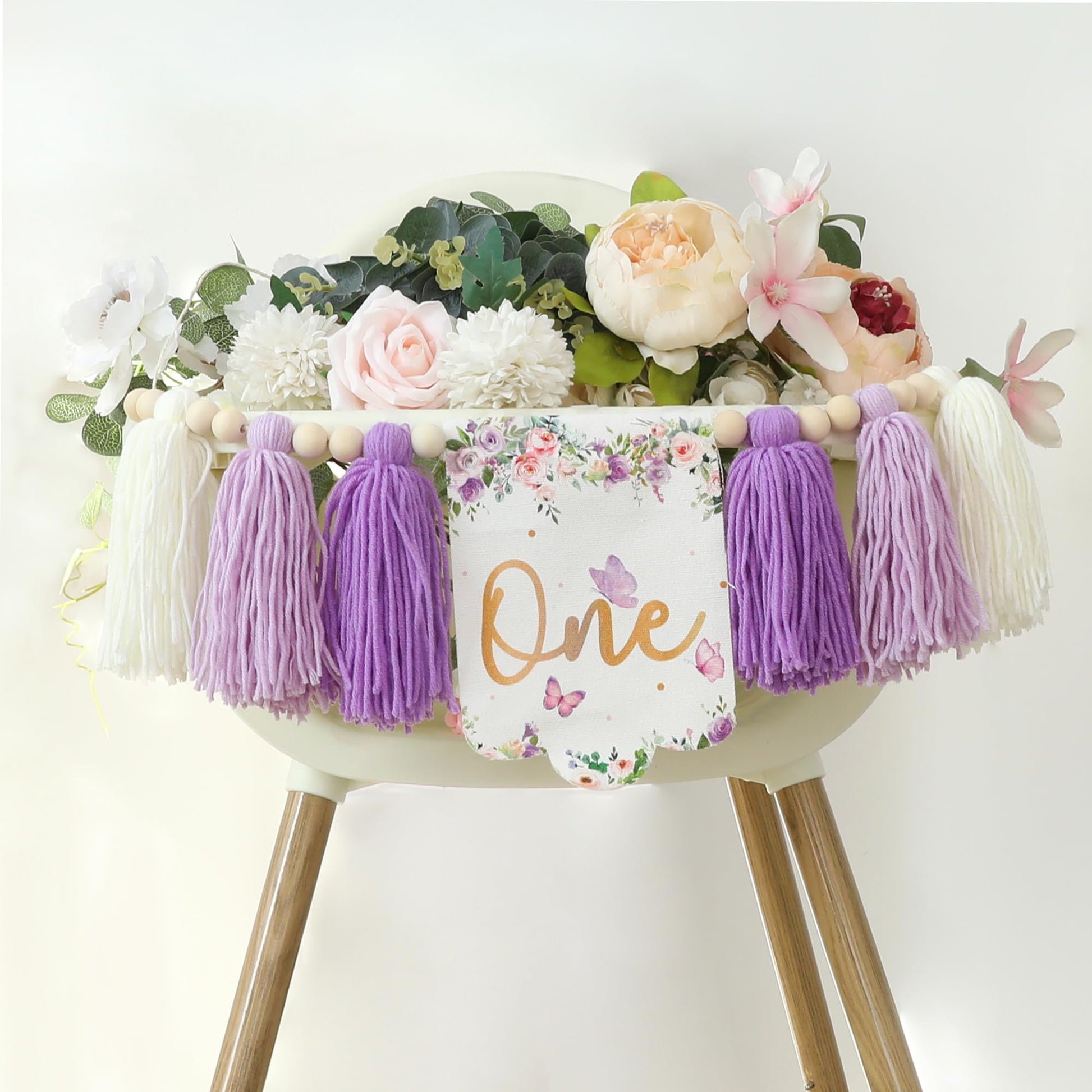 HODIHIWI Handmade Butterfly Flower 1st Birthday High Chair Banner Purple Party Decoration For Girls Boys Wall Hangings Decorativ