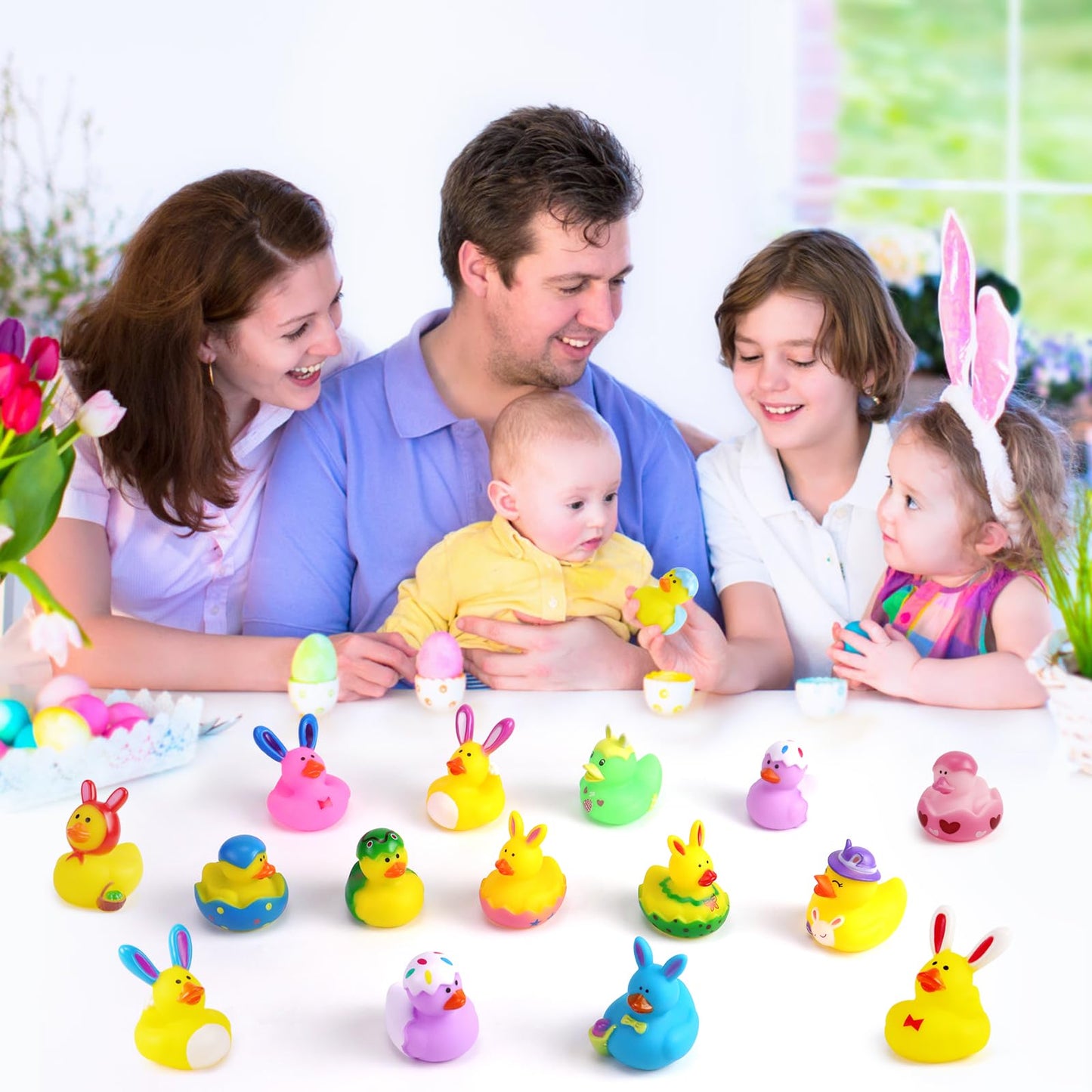 Fudragtn 50Pcs Easter Rubber Ducks, Mini 2.1 Inch Bunny Rubber Duckies Bath Toys For Kids, Assorted Float Duck Bulk For Fun Bath