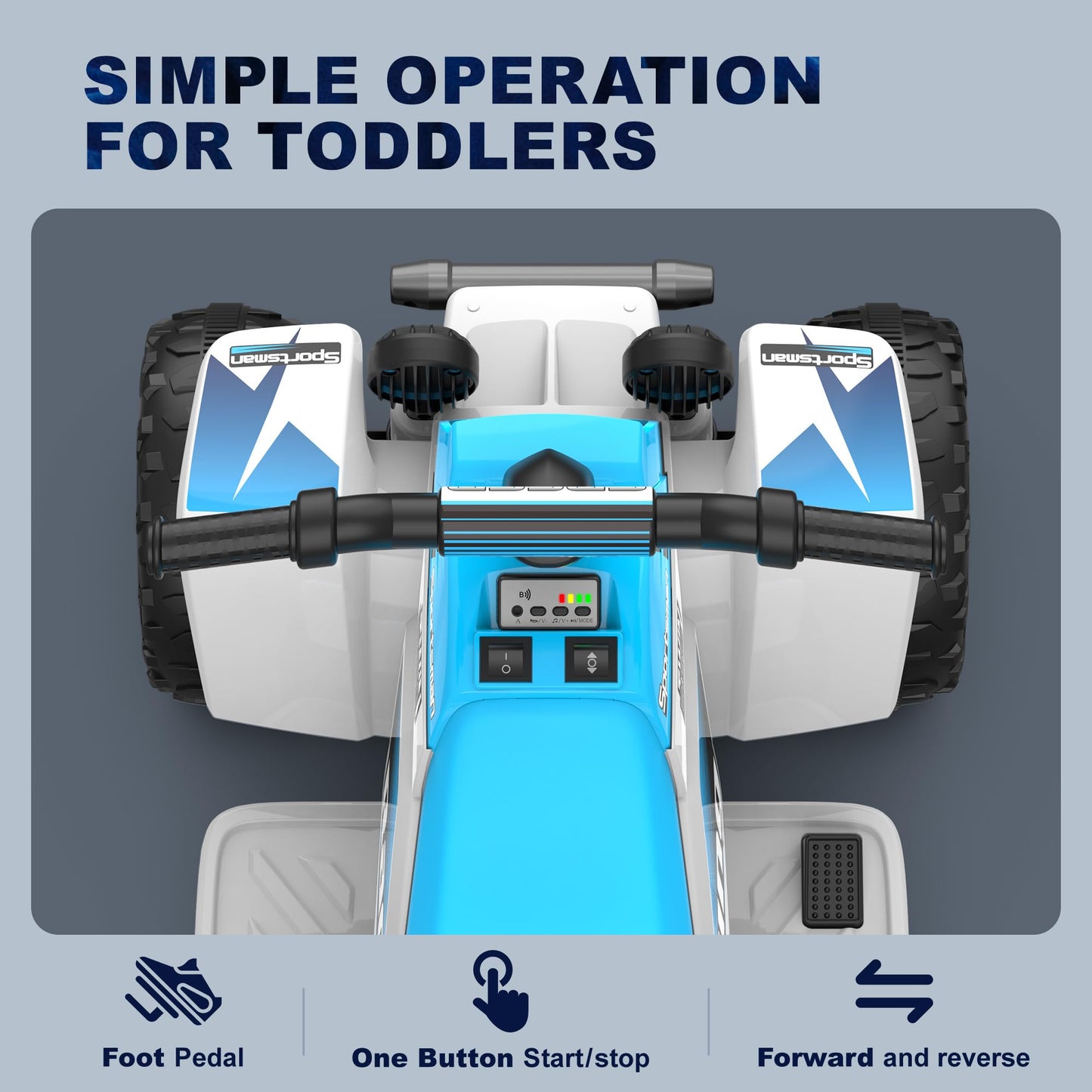 Anpabo 6V 7Ah Kids Atv Ride On Toy, 4 Wheeler For Toddler W/Headlight, Forward & Reverse, Horn, Music Player, Usb, Mp3, Treaded Tires, Ideal Gift For Toddlers(Blue-White)