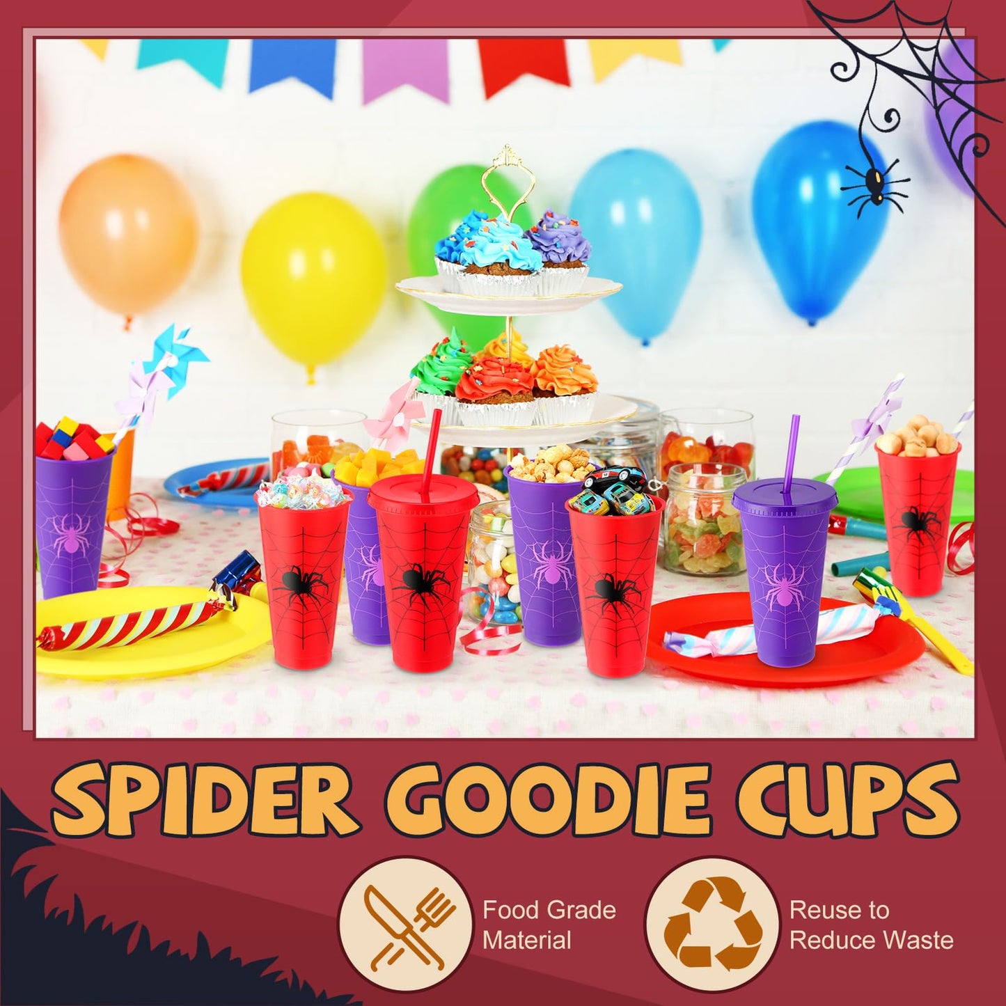 Qinyoung Spider Cups - 24 oz Reusable Plastic Cups with Lid & Straw, Red & Purple, 24 Sets for Birthday & Halloween Party Supplies