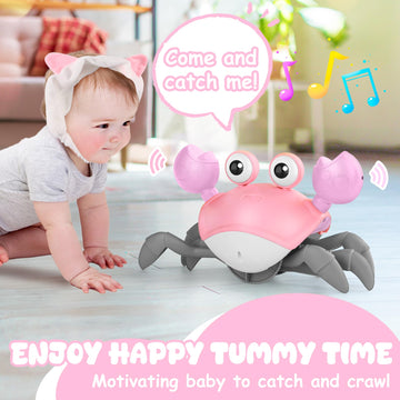 Crawling Crab Baby Toy, Tummy Time Girl Gifts For Babies 3-6 6-12 Month, Light-Up Walking Dancing Moving Crab With Music & Obsta