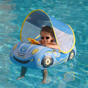 Swimbobo Toddler Pool Float Inflatable Car Baby Swim Float With Adjustable Sun Canopy And Safety Seat Pool Toys For Kids 1-4 Years Old (Blue Sports Car)