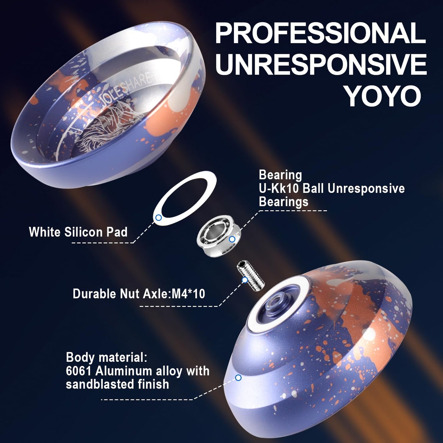 JOLESHARE Professional Unresponsive Yoyo for mature-themeds  Metal Responsive Yoyo Suitable for Beginners  Intermediate  and Advanced Players + 5 Yoyo Strings + Responsive Bearing + Glove (Orange Purple)