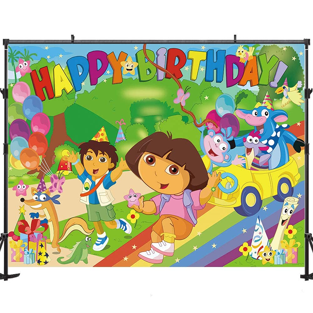 Maijoeyy Explorer Cartoon Theme Birthday Party Backdrop, 7x5ft Vinyl, Random Color, Model BY-201904023-D-XZ