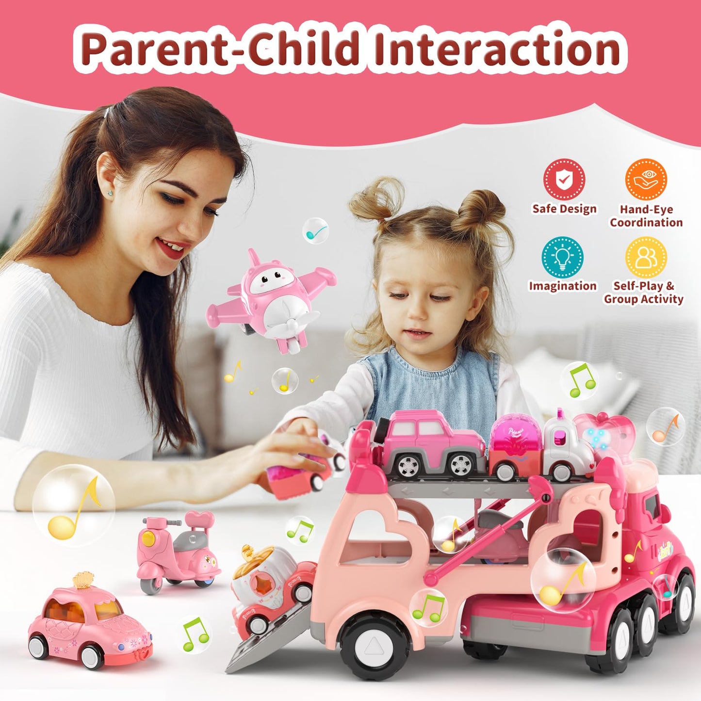 usrela Toddler Girl Truck Toys - 7-in-1 Pink Princess Car Transport Carrier, Friction Power, 13.07"x4.37"x6.46", Ideal for 2-