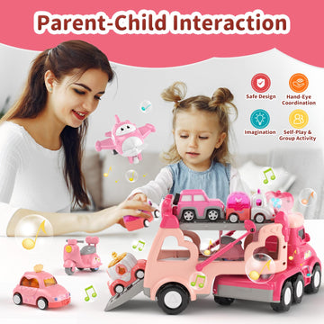 usrela Toddler Girl Truck Toys - 7-in-1 Pink Princess Car Transport Carrier, Friction Power, 13.07"x4.37"x6.46", Ideal for 2-
