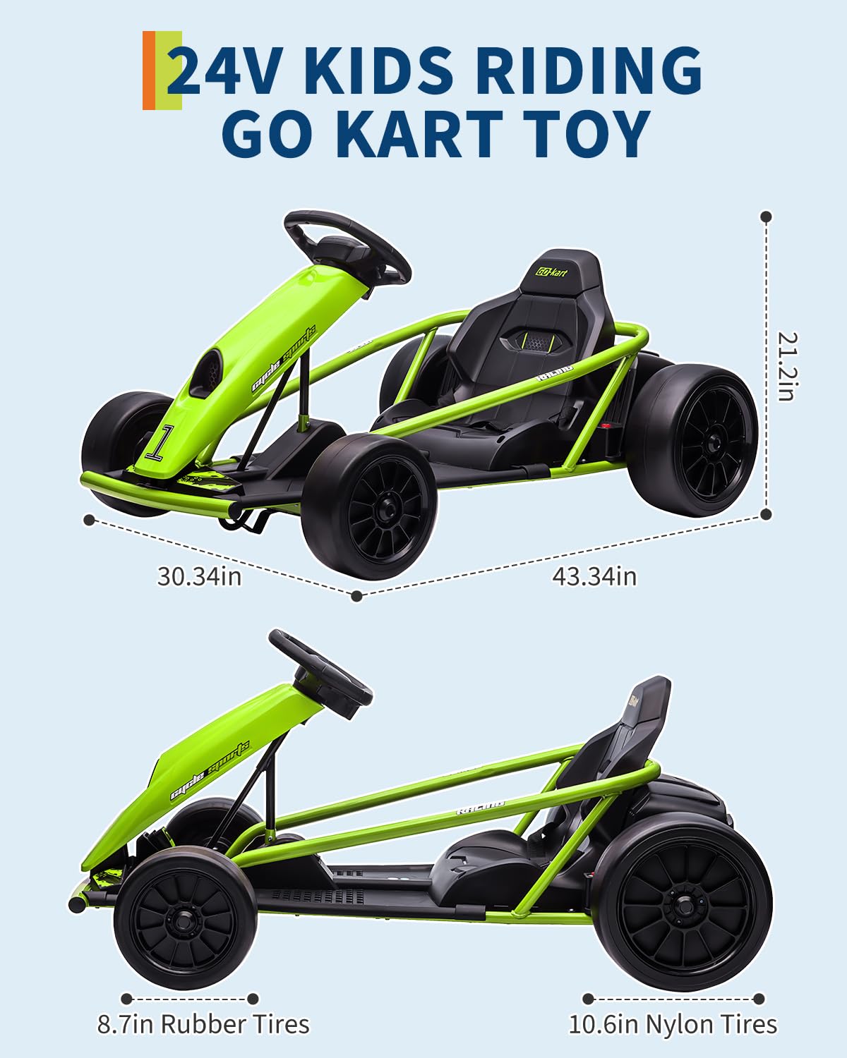 GarveeLife Kids Ride On Go Kart - 24V 9Ah, 8.1MPH, Green, Iron, Large Seat, Drifting Car for Ages 8+, Max Load