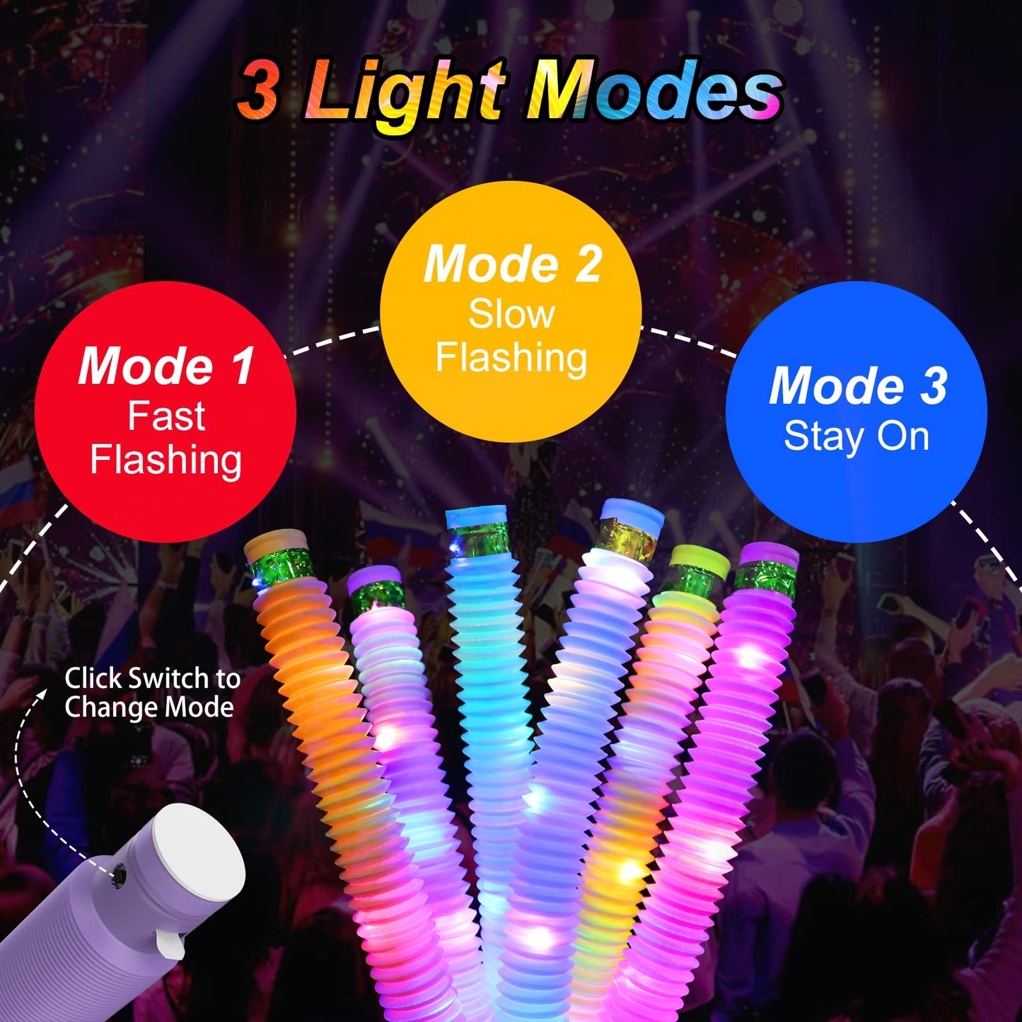 Light Up Pop Fidget Tubes Party Favors For Kids, 12 Pack Glow In The Dark Party Supplies Toddler Sensory Toys, Large Glow Sticks