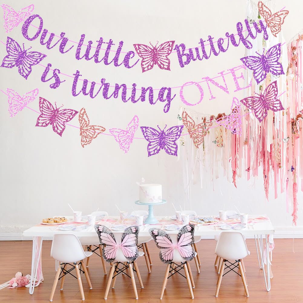 Our Little Butterfly is Turning One Banner Purple Glitter Butterfly 1st Birthday Banner for Spring Butterfly Girls One Year Old