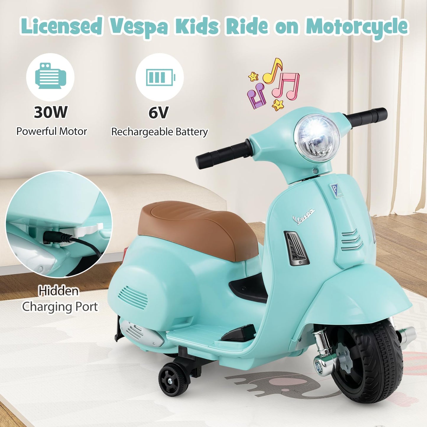 Costzon Toddler Motorcycle, Licensed Vespa Ride on Motorcycle with Training Wheels, LED Headlight & Horn Sound, Ride on Toy, 6V
