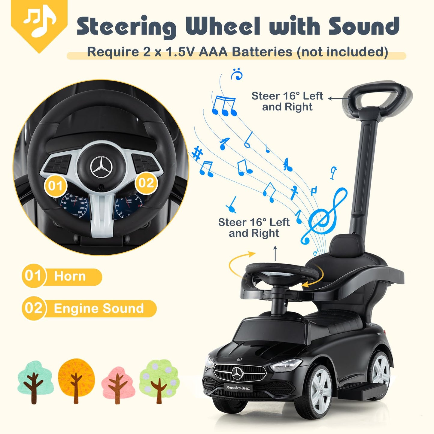 Costzon Push Car for Toddlers, 3 in 1 Mercedes Benz Stroller Sliding Walking Car w/Canopy, Handle, Safety Bar, Horn Sound, Under
