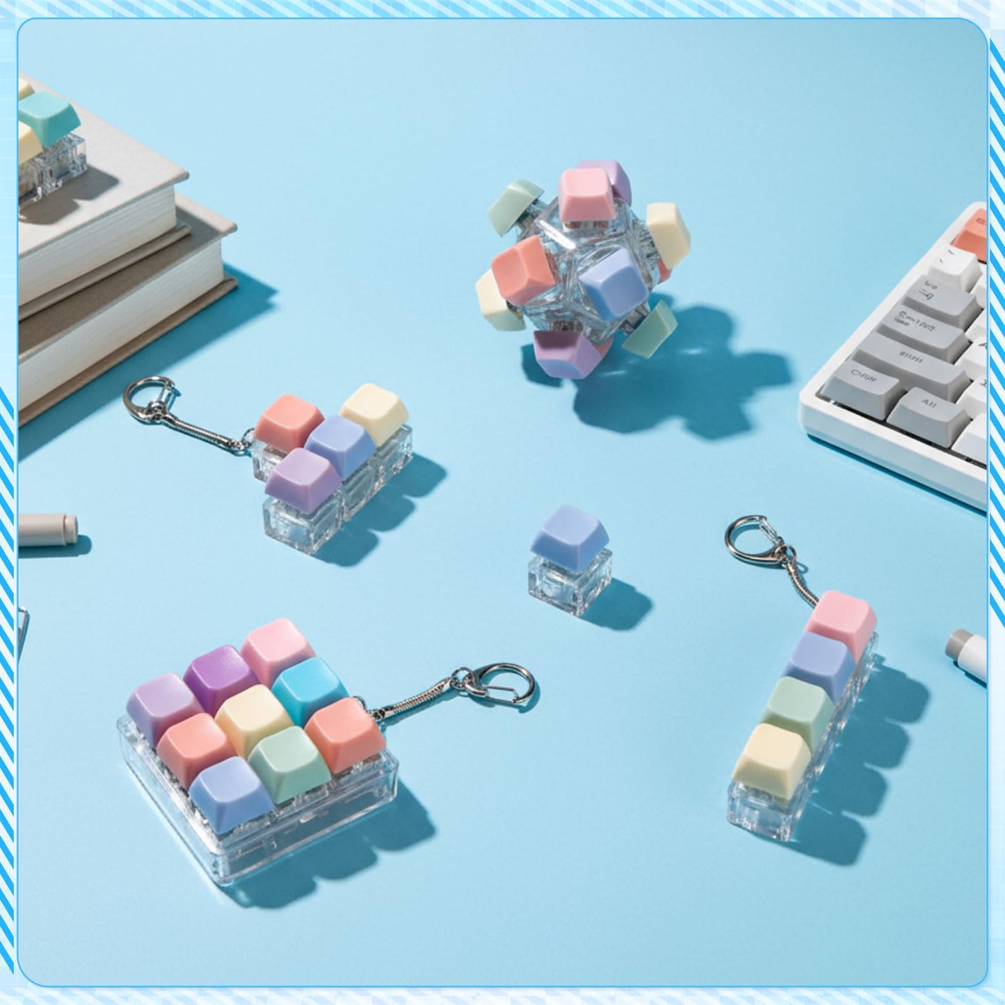 Halloscume 5 Pcs Keyboard mature-themed Fidget Toy Clicker Toy in 5 Styles Keyboard Fidget Keychain Cube Mechanical Key Button Clicker Stress Relief Gift for Office Home Pass Time (Pastel Colors)