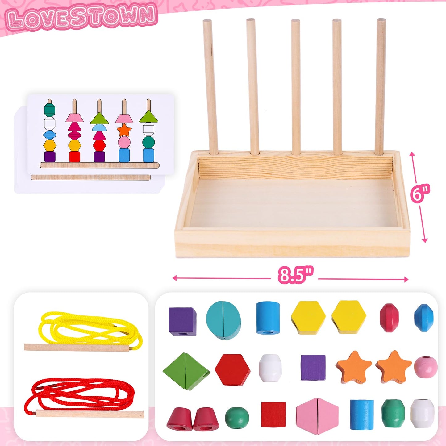 LovesTown Wooden Stacking Beads Toy - Montessori Educational Preschool Toy, Medium, Multi Color, Model HLT2686