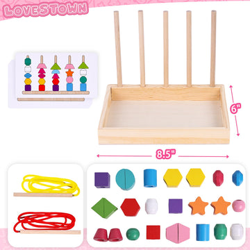 LovesTown Wooden Stacking Beads Toy - Montessori Educational Preschool Toy, Medium, Multi Color, Model HLT2686