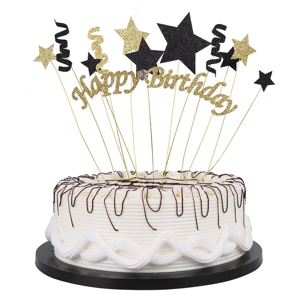 Handmade Black And Glod Glitter Pentacle Pentacle Cake Toppers Happy Birthday Cake Bunting Topper Paper , Birthday Party Decorat
