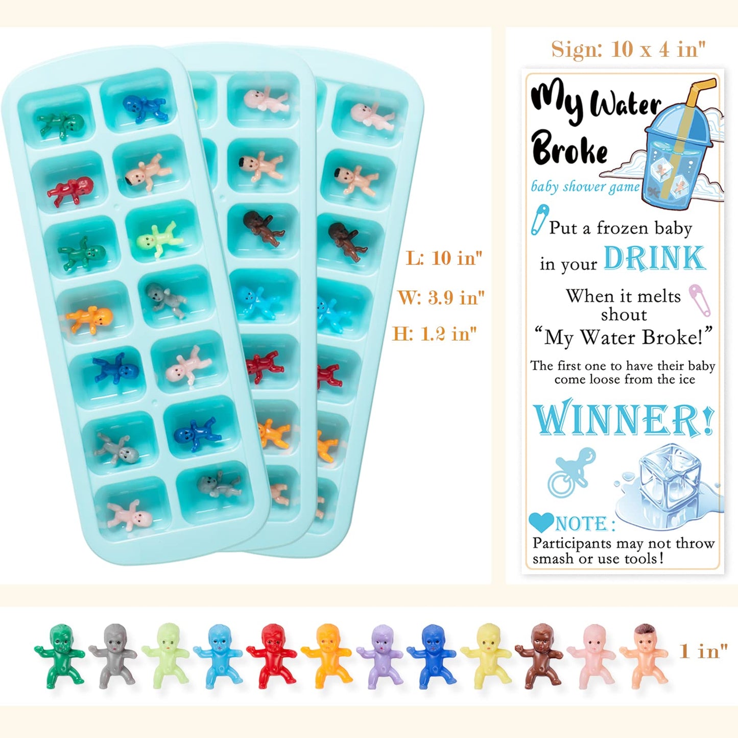 Zyflsq My Water Broke Baby Shower Game 60 Multicolor Mini Plastic Babies, 3 Ice Cube Trays, 1 Sign