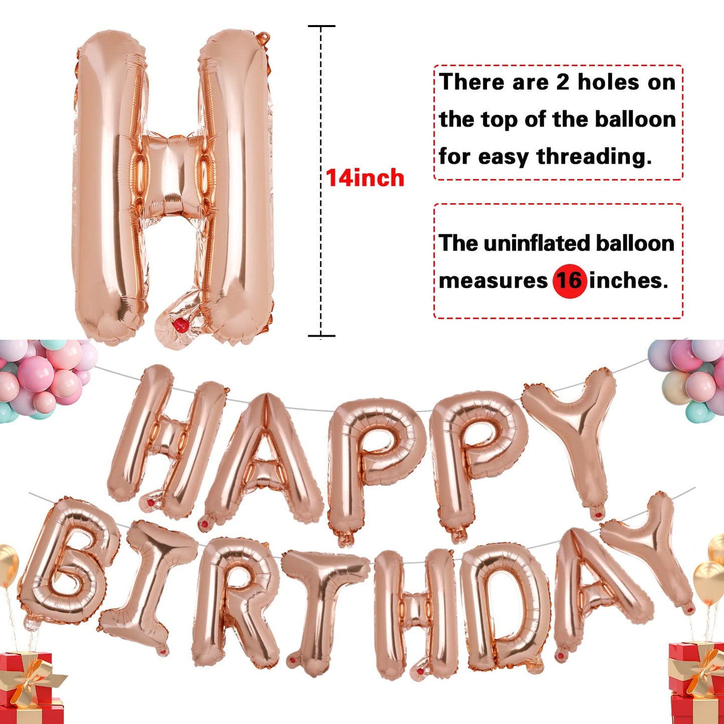Accevo Rose Gold Happy Birthday Banner - 16 Inch Foil Letters Balloons for Kids & Adults, Durable Aluminum Material