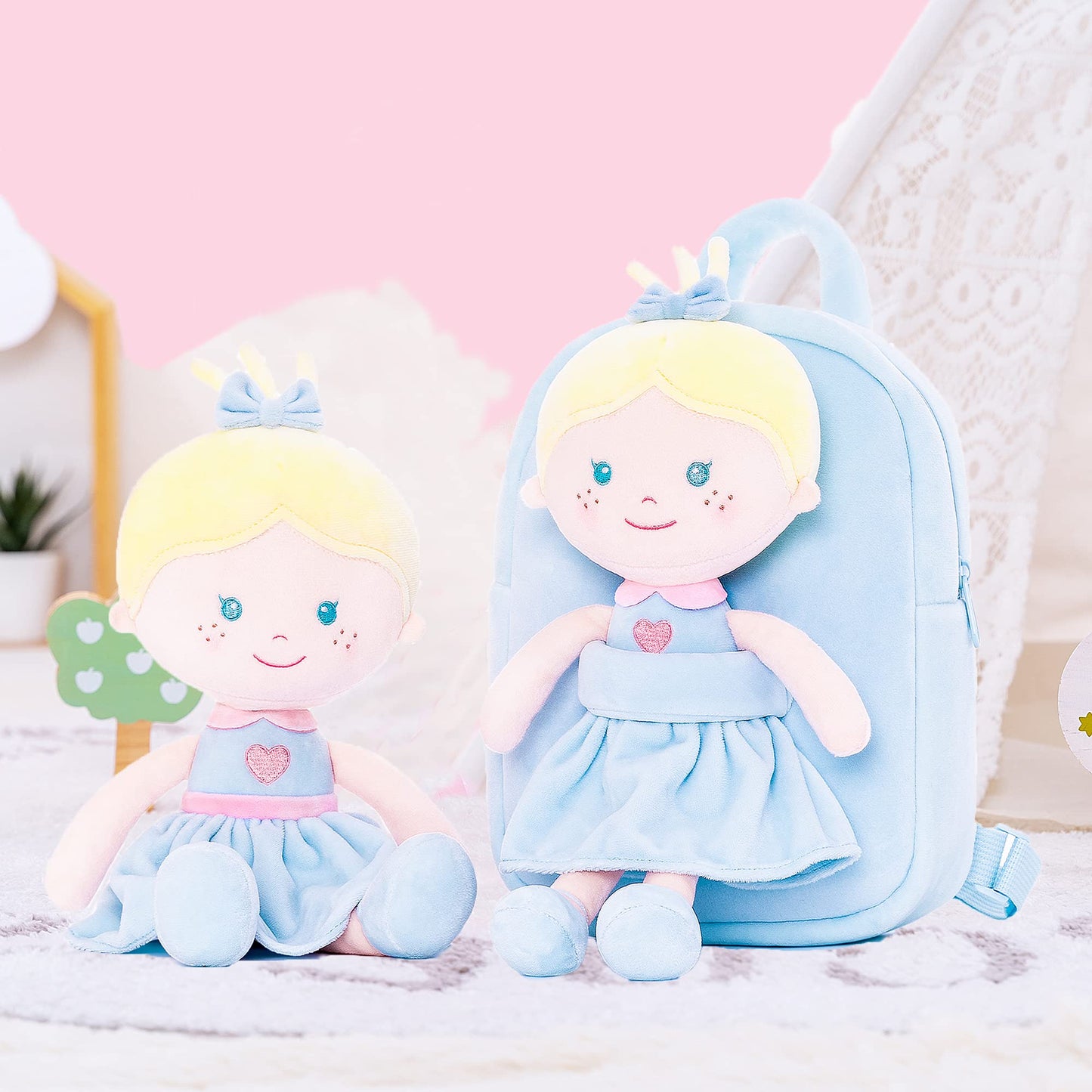 Onetoo Toddler Backpack Kids Backpacks With Soft Tanned Baby Dolls In Blue Heart Dress 9.5''