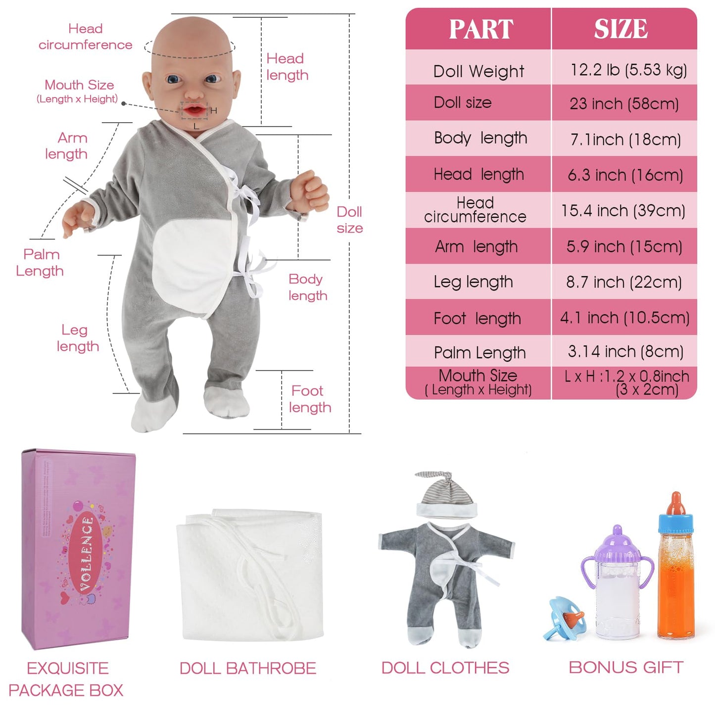 Vollence 23' Platinum Full Body Silicone Baby Doll Realistic Reborn Lifelike Newborn Silicone Dolls - Boy
