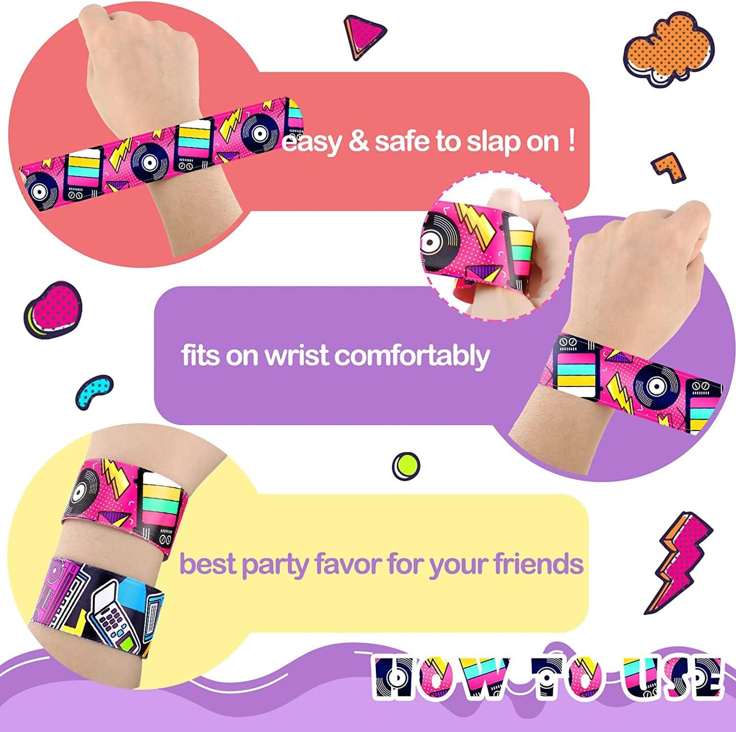 Duccsko 48 Pcs 80S 90S Theme Party Favors Slap Bracelets, Wristbands Bracelets For Kids Adults Retro Birthday Party Supplies, Cl