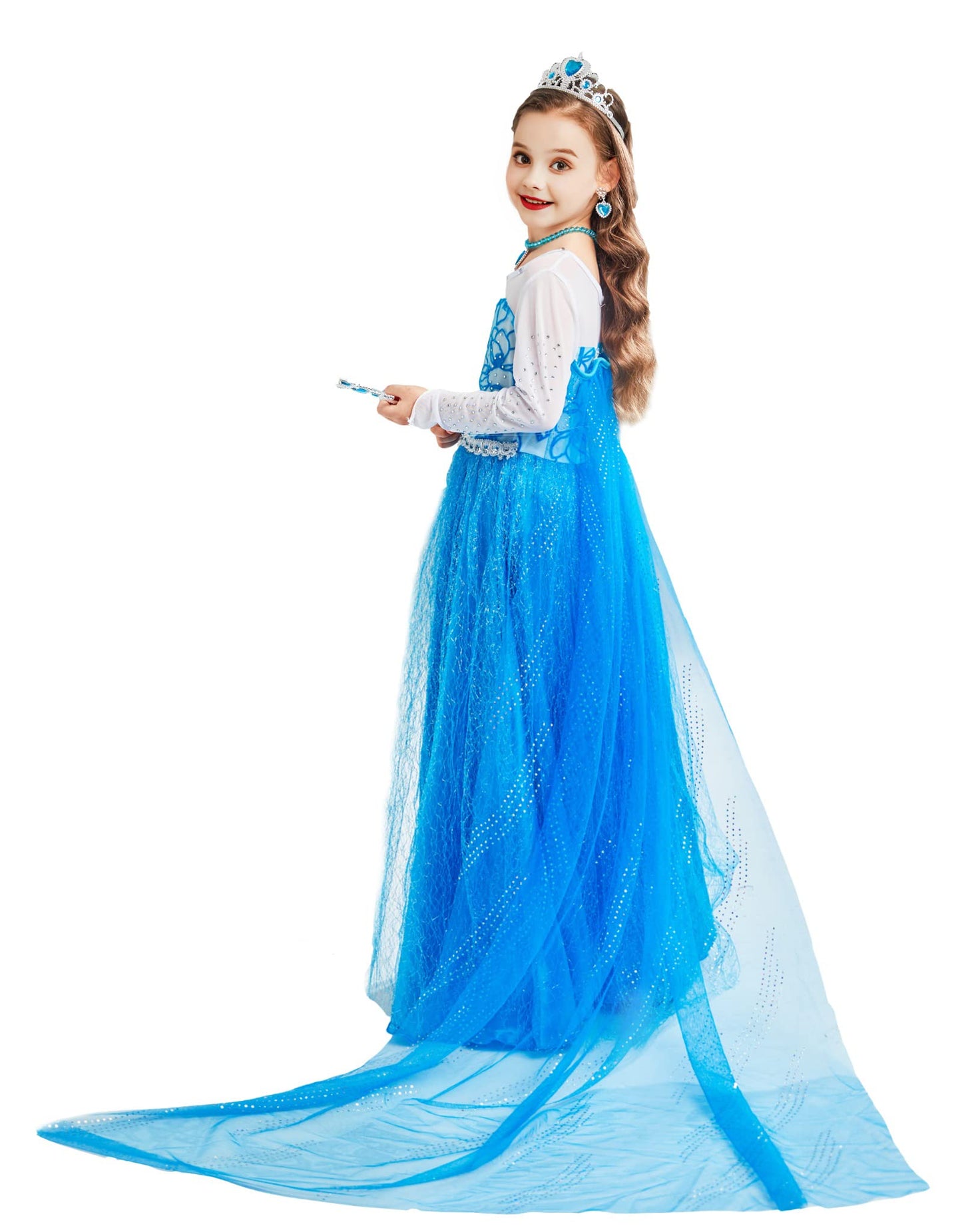 Princess Elsa Dress For Girls, Frozen Princess Elsa Costume,Snow Party Queen,Birthday Party Dress Up With Accessories (Blue)