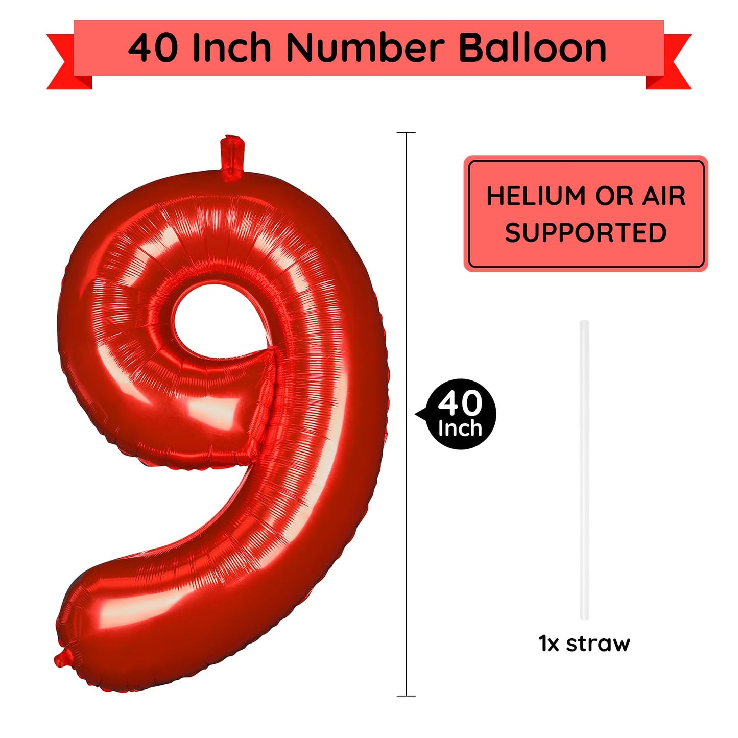 Paticool 40 Inch Red Number Balloon 9, Large Number Foil Balloons Mylar For Girl Boy Birthday Party Celebration Decorations Supp