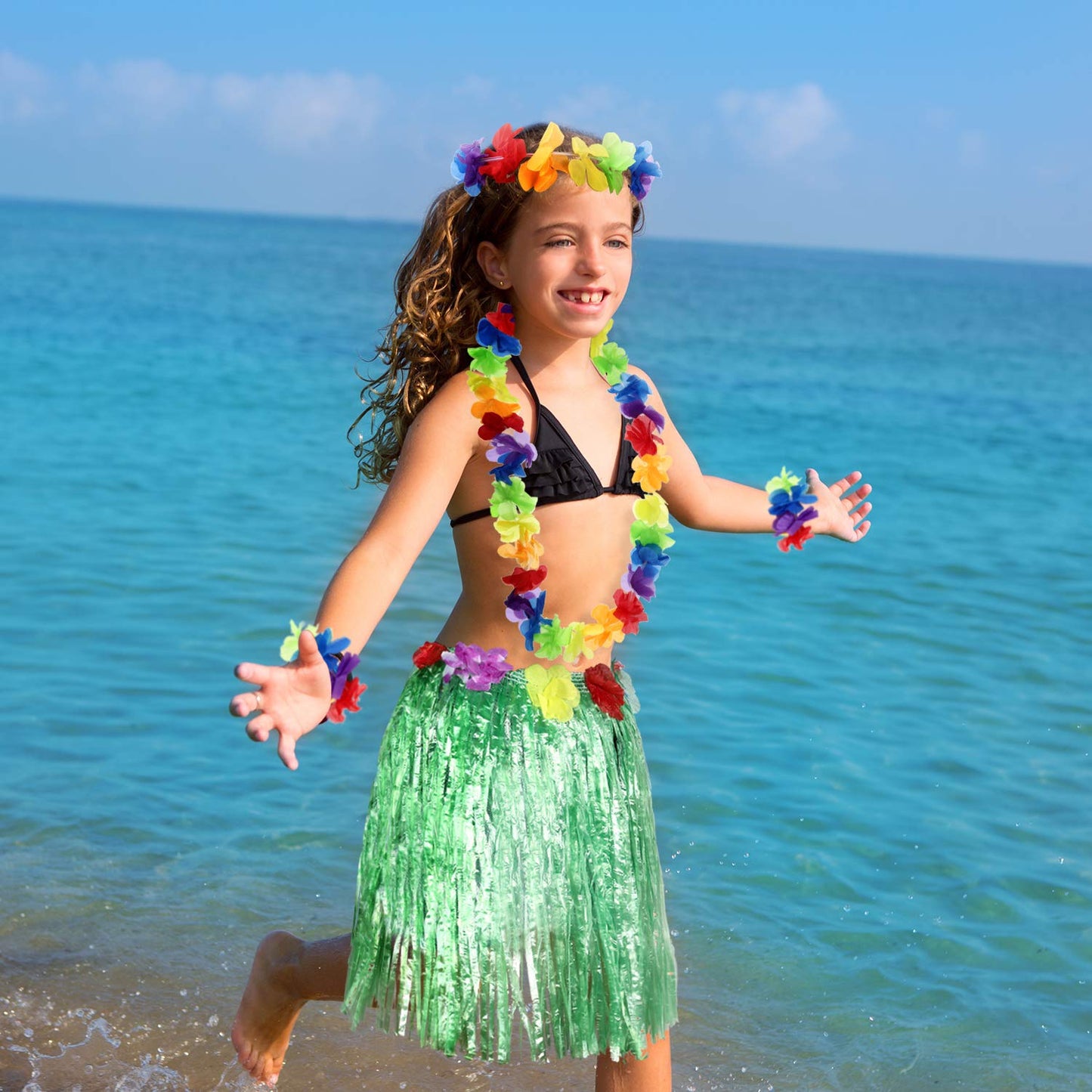 Shappy 2 Sets Hawaiian Costume for Women Luau Party Outfits Luau Grass Skirt Headbands Set Tropical Beach Hula Skirt (Straw Colo