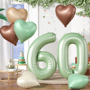 Biapian 40 Inch Sage Green Number 60 Balloons, Large Foil Number 6 & 0 Balloons With 18'' Olive Green Heart Balloon For 60Th Yea