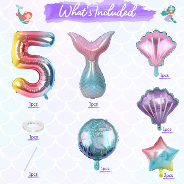 Mermaid 5Th Birthday Decorations, 8Pcs Mermaid Birthday Decorations Balloons, 40 Inch Rainbow Number 5 Balloon, Large Helium Foil Mermaid Tail Balloon, Seashell Balloons For Mermaid Party Supplies