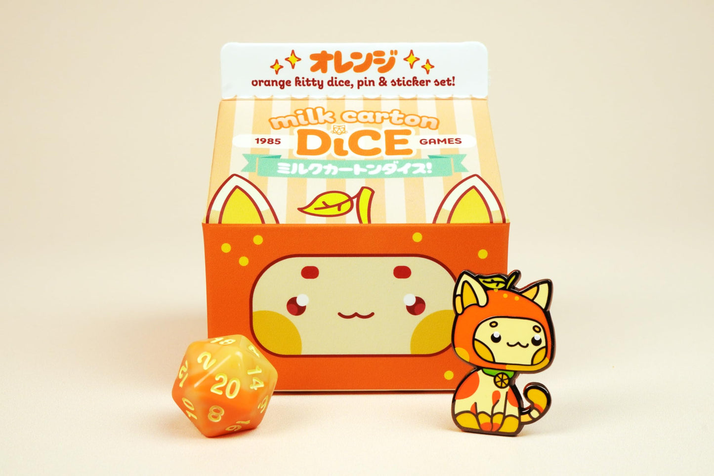 1985 Games Orange Kawaii Cat Dice Set - Milk Carton-Inspired Dice For Dnd | Ttrpgs & Tabletop Roleplaying