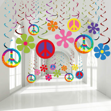 60'S Hippie Theme Party Foil Swirl Decorations, 60S Groovy Party Retro Flower Cutouts Peace Sign Hanging Swirls Ceiling Decorations For 60S Hippie Theme Groovy Party Supplies, 30 Count (Simple)