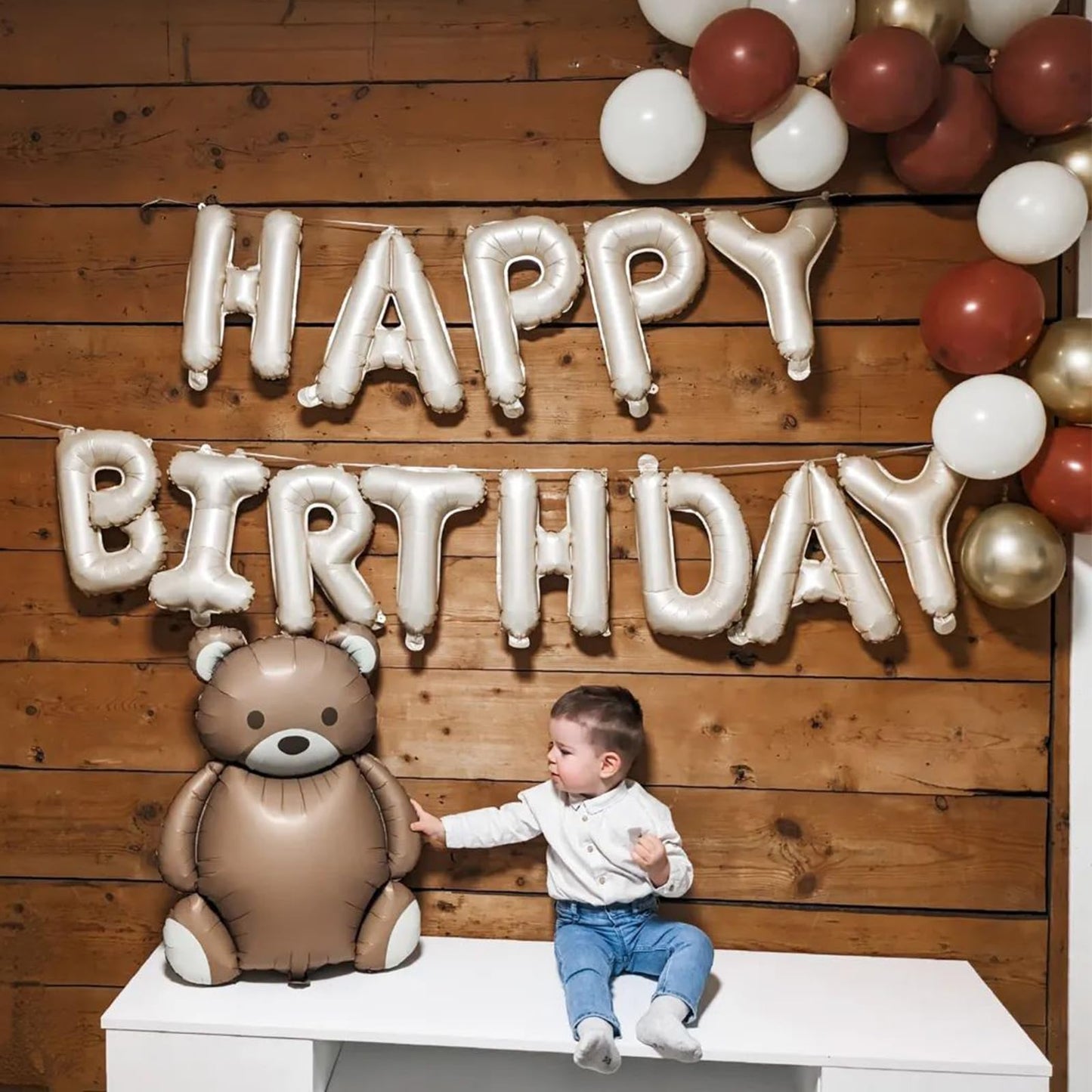 Happy Birthday Balloons Banner Beige,16 Inch Cream White Mylar Foil Letters Birthday Sign Banner Bunting For Boys Girls Men Wome