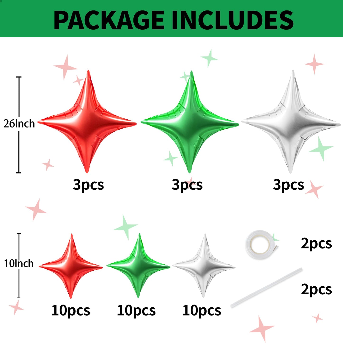 TONIFUL 30Pcs 26In&10In Star Balloons Red Green Silver Four Pointed Foil Mini Star Mylar Balloons for Halloween Chrismas Birthda