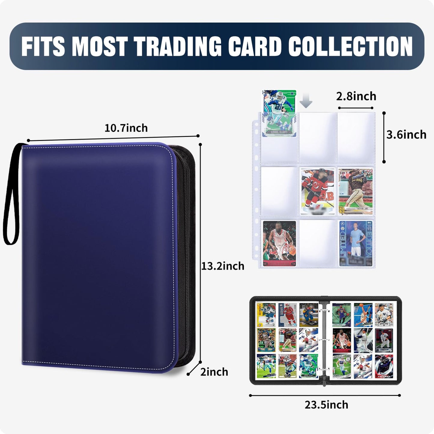 HESPLUS 900 Pockets Trading Card Album Folder  Baseball Card Binder with Sleeves  Collectible Trading Album for Baseball Cards  Trading Cards  Football Cards  MTG  Game Cards  Sports Cards -Navyblue