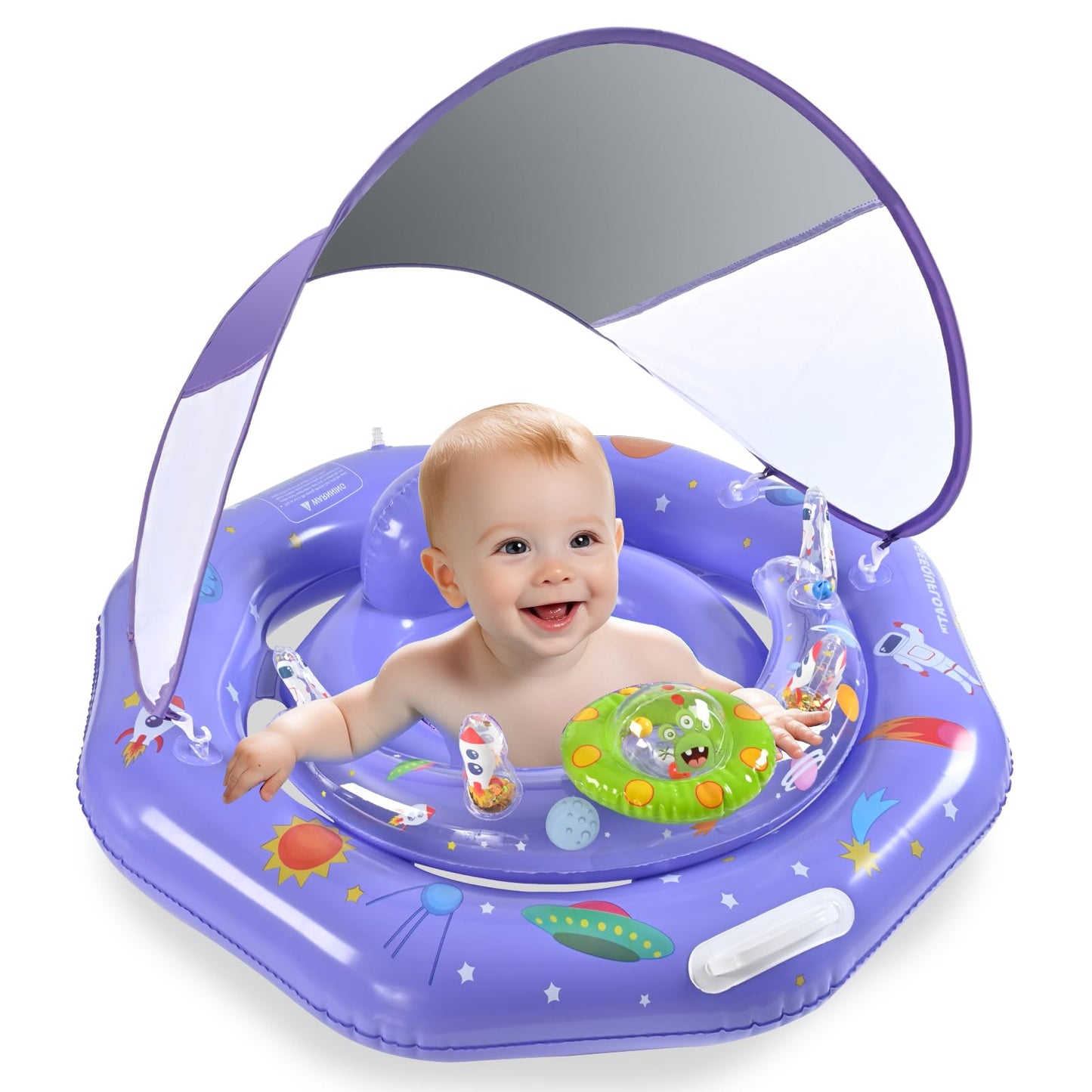 Baby Pool Float With Canopy,Interactive Toy Play Console & Adjustable Safety Seat | Infant Pool Float With Handle | Baby Float W