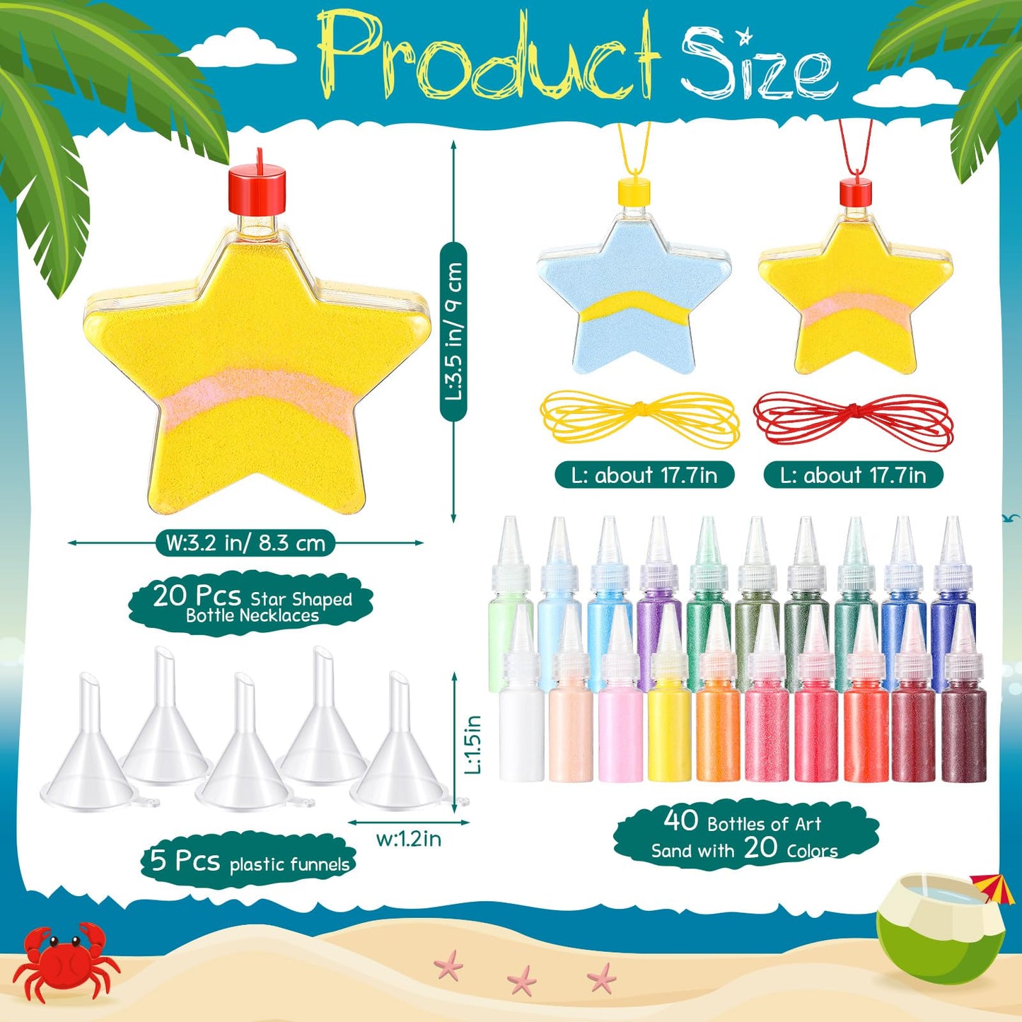 Yinlin 65 Pieces Sand Art Bottle Necklaces for Party Favors 20 Bottles 40 Colored Sand Bulk 5 Funnels Art Crafts Kit for DIY Bir