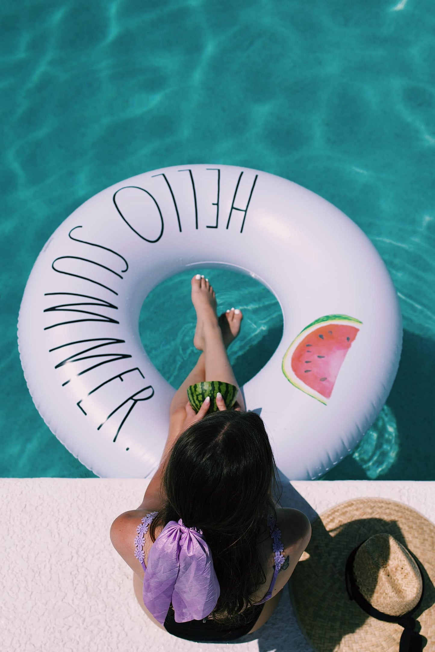 Rae Dunn x CocoNut Float Ring Float - Hello Summer Theme - mature-themed Size Large 48 Inch Inflatable Raft & Durable Water Inner Tube - Stable Ride-On for Summer Parties & Swim Events