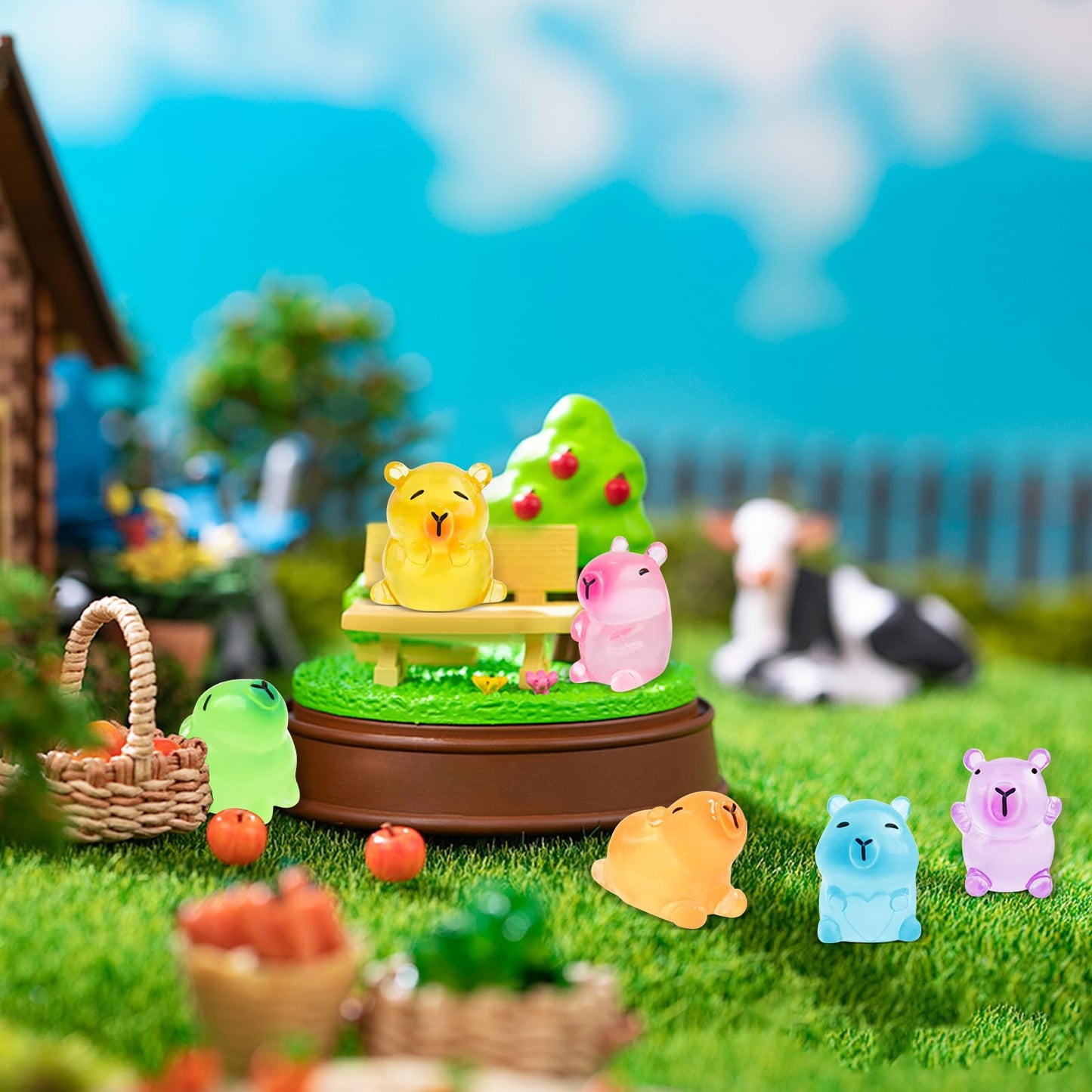 HOMICO Luminous Mini Capybara Figurines - 24 Colorful Resin Decorations for Dollhouses, Dashboards, Fairy Gardens - Green, Purple, Blue, Pink, Yellow, Orange