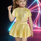 Happy Cherry 2Pcs Kids Girls Shiny Metallic Short Sleeve Crop Top With Pleated Skirt Set Dancewear Performance Costumes Gold 3-4