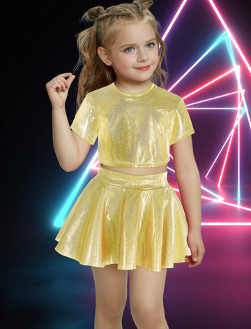 Happy Cherry 2Pcs Kids Girls Shiny Metallic Short Sleeve Crop Top With Pleated Skirt Set Dancewear Performance Costumes Gold 3-4