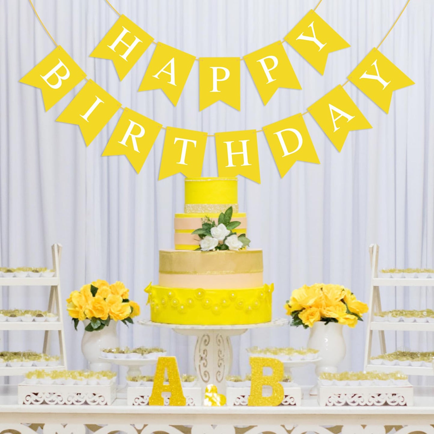 Waenerec Yellow Birthday Banner Sign Happy Birthday Bunting Banner Garland For Kids Girl Woman Birthday Tea Party Decorations Bunting Flag Birthday Party Supplies