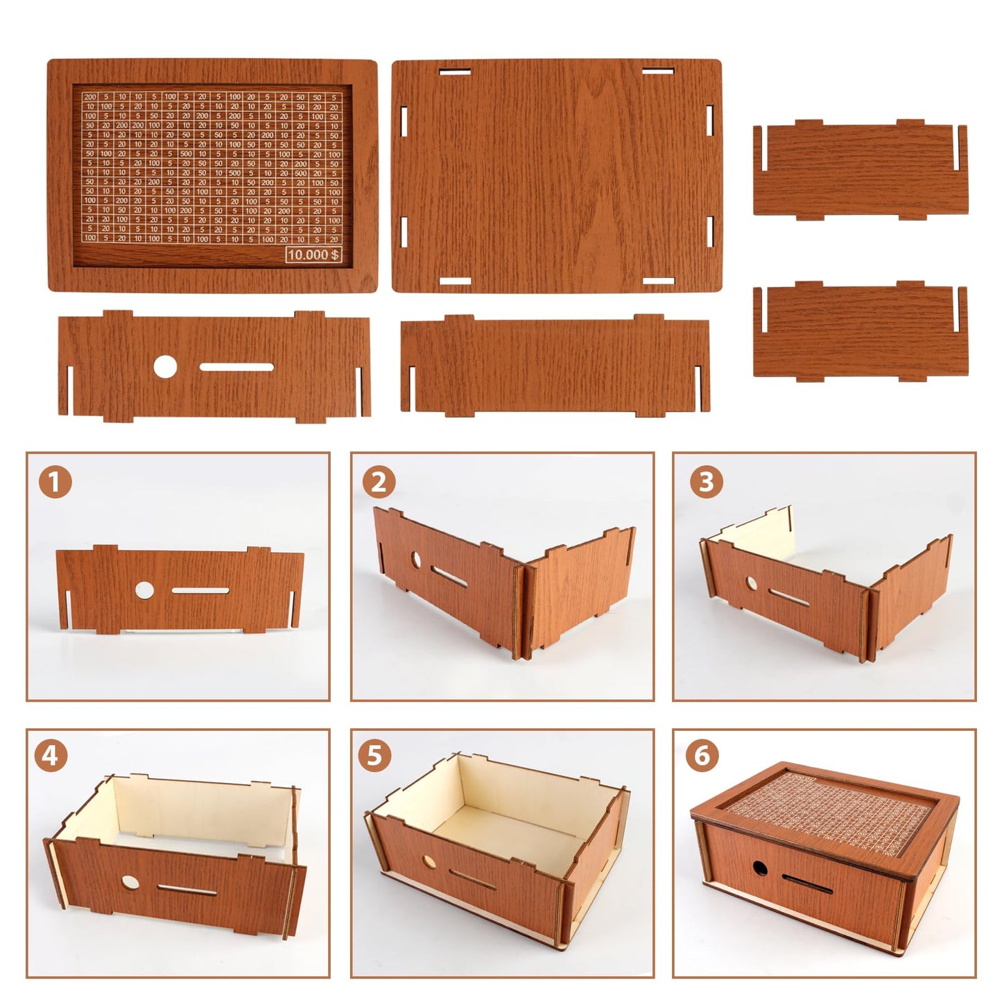 Generic Cash Vault Wooden Savings Box, Wooden Money Saving Box, Piggy Bank For Adults, Coin Counter Money Box With Money Target And Numbers, With Pen (10000$), Brown