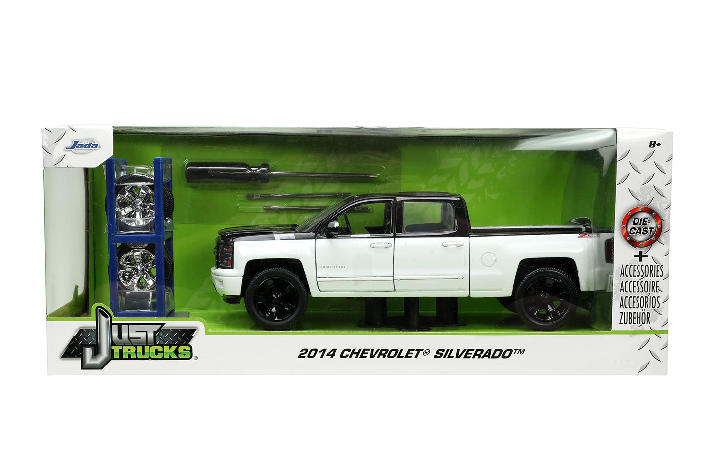 Jada Toys Just Trucks 1:24 2014 Chevy Silverado Z-71 Die-Cast Car Black/White With Tire Rack, Toys For Kids And Adults