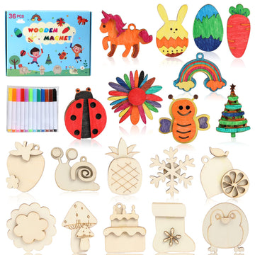 Worgree Diy Wooden Magnets, 36 Pcs Wooden Art Craft Supplies Painting Kit For Kids Party Favors For Boys Girls Ages 4-8 8-12 Bir