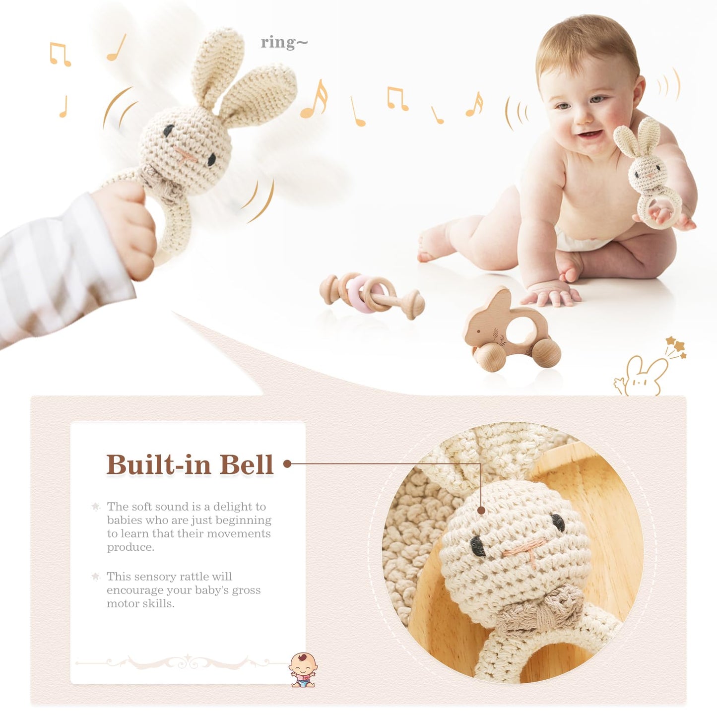 Wooden Baby Rattle 3 Pcs Push Car Rattle Set Crochet Rattle Ring Wooden Montessori Toy For Newborn Infant Baby Gifts (Rabbit Rattle)