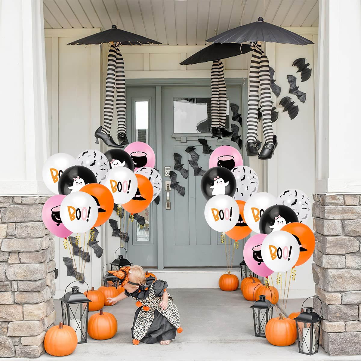 50Pcs Halloween Balloons Decor Girls Halloween Pink Orange Black White Latex Balloon With Ghost Witch Cauldron Bat Printed For H