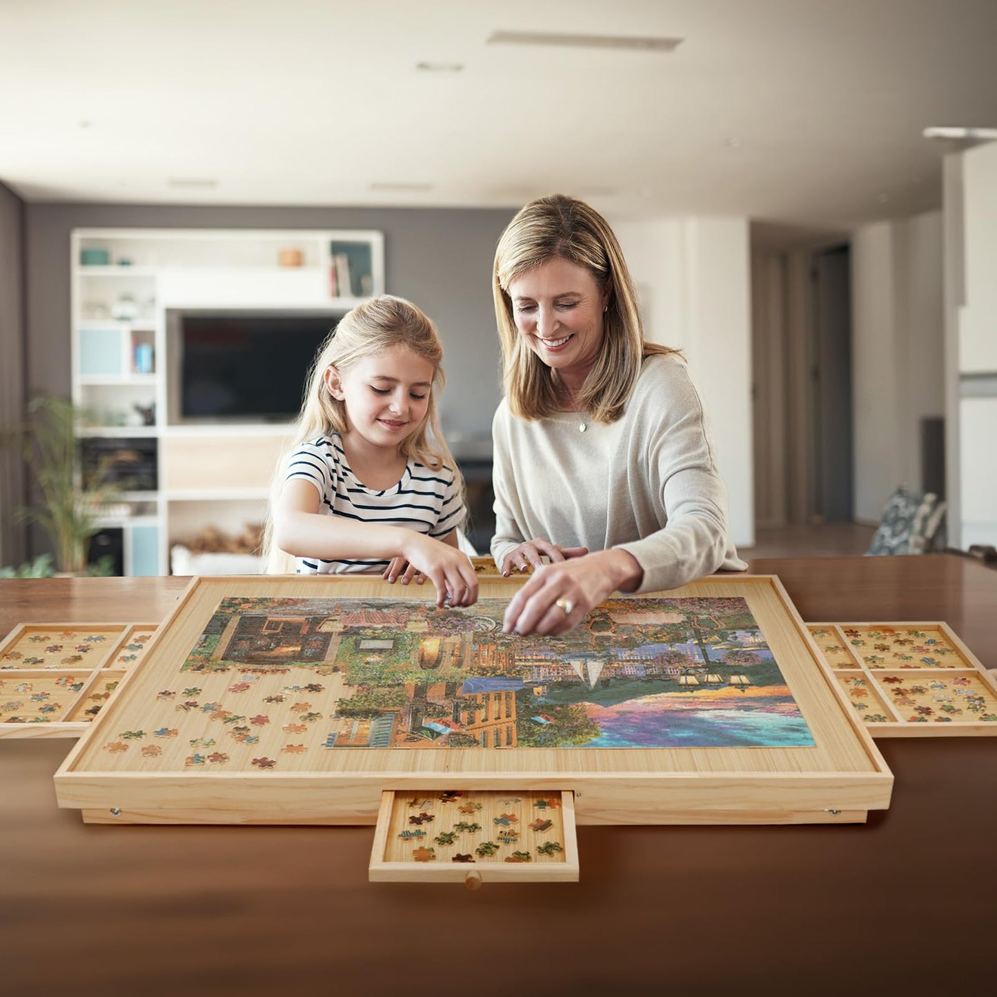 Ykhallybee Puzzle Table 2000 Pieces Wooden Puzzle Board With Legs, 40.9   X 27.6    Jigsaw Board With 4 Drawers And Cover, Folda