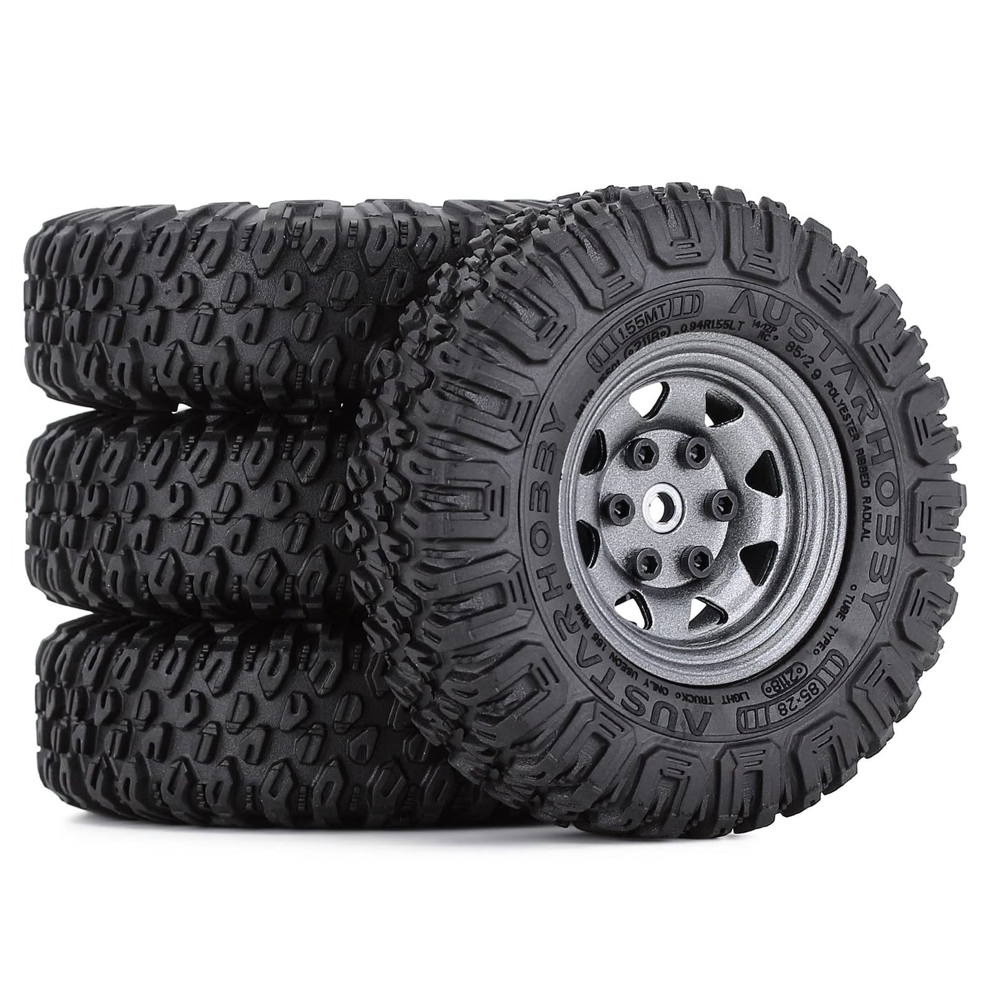WONFAST 4PCS 1.55 inch 85mm Rubber Terrain Crawler Tires Metal Beadlock Wheel Rims Tires Set Compatible with 1/10 RC Crawler Car