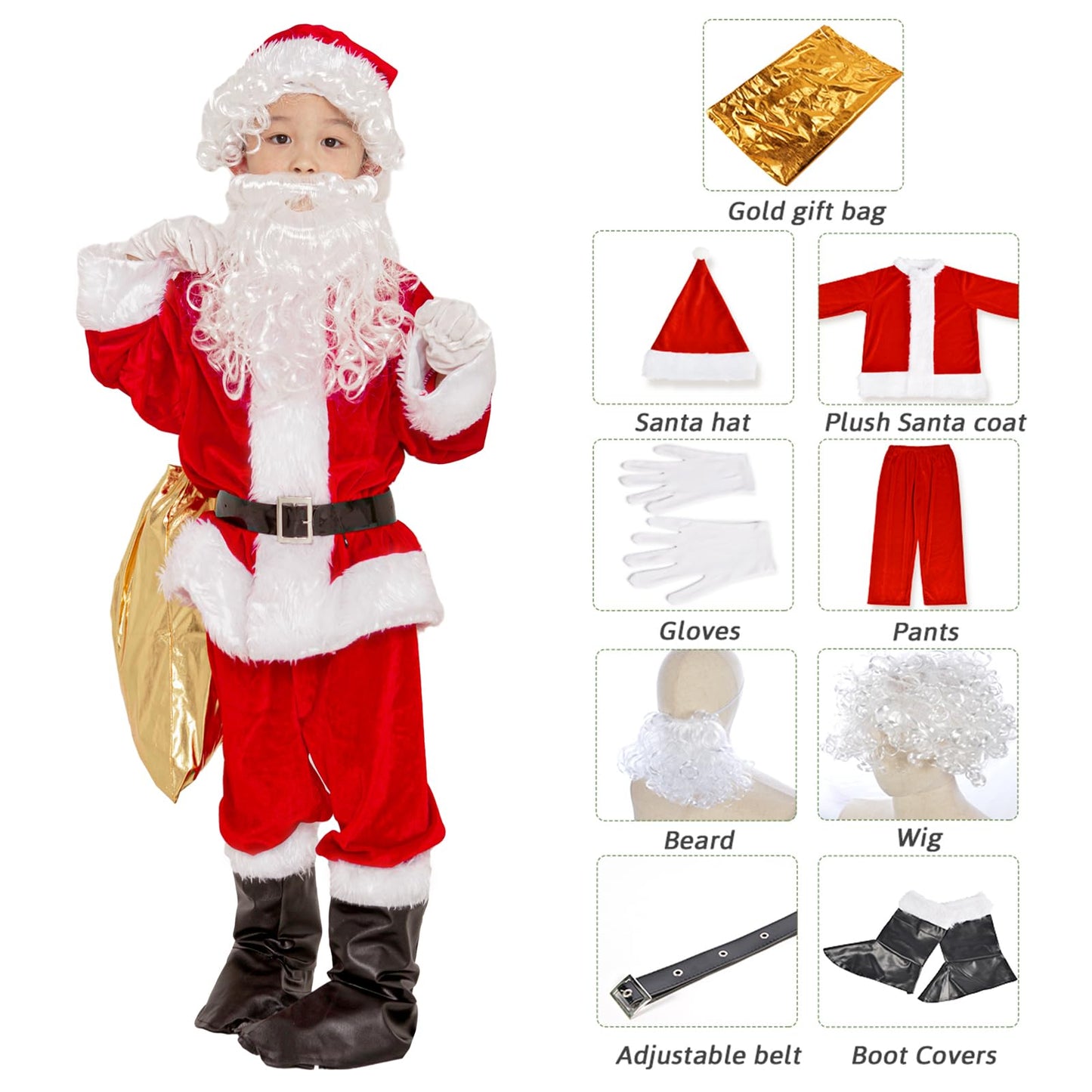 Kllouze Kids Santa Claus Costume Children'S Christmas Deluxe Santa Suit Outfit Party Cosplay Costumes For Boys Kids 9 Pcs (Small